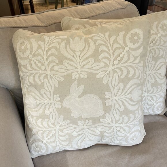 Set Of 2 Ivory Embroidered 18” Bunny Rabbit Pillows. - Spring Cottagecore Accent - Picture 4 of 11
